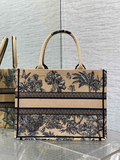 CD Medium Dior Book Tote Tropical Pattern Black Beige Cotton