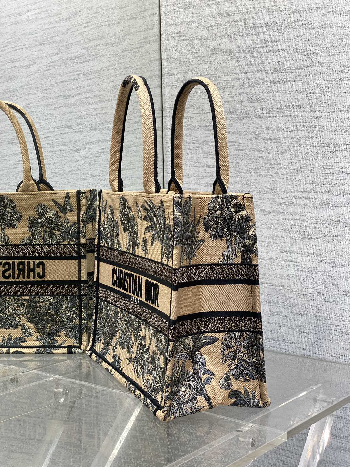 CD Medium Dior Book Tote Tropical Pattern Black Beige Cotton
