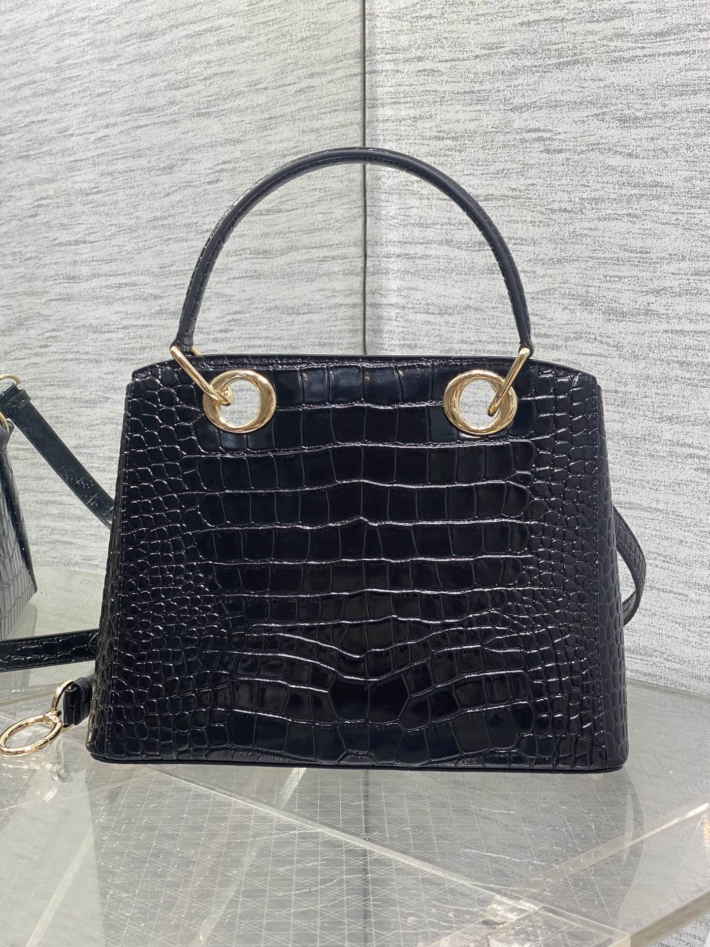 CD 26SS Bow-Adorned Bag Black Glossy Crocodile Pattern Embossed Calfskin 272521