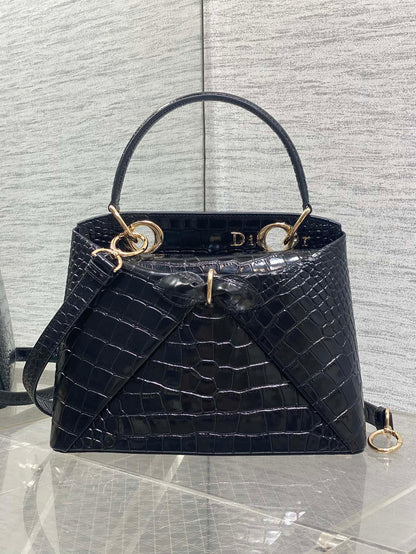 CD 26SS Bow-Adorned Bag Black Glossy Crocodile Pattern Embossed Calfskin 272521