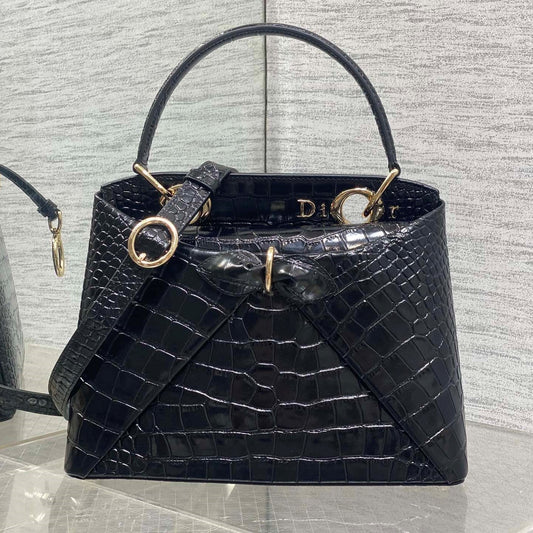 CD 26SS Bow-Adorned Bag Black Glossy Crocodile Pattern Embossed Calfskin 272521