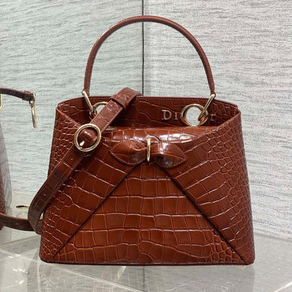 CD 26SS Bow-Adorned Bag Brown Glossy Crocodile Pattern Embossed Calfskin 272523