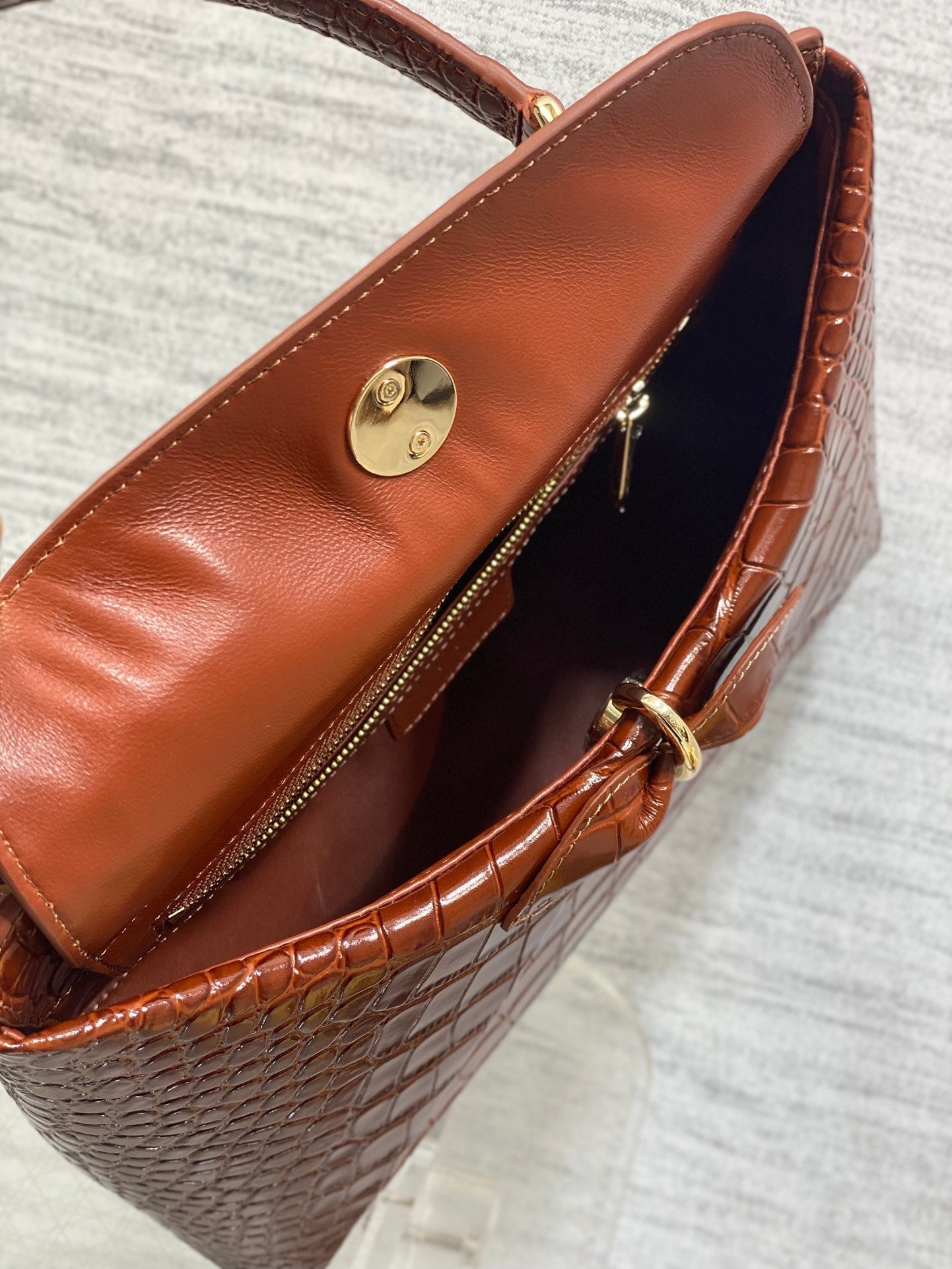 CD 26SS Bow-Adorned Bag Brown Glossy Crocodile Pattern Embossed Calfskin 272523