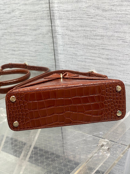 CD 26SS Bow-Adorned Bag Brown Glossy Crocodile Pattern Embossed Calfskin 272523