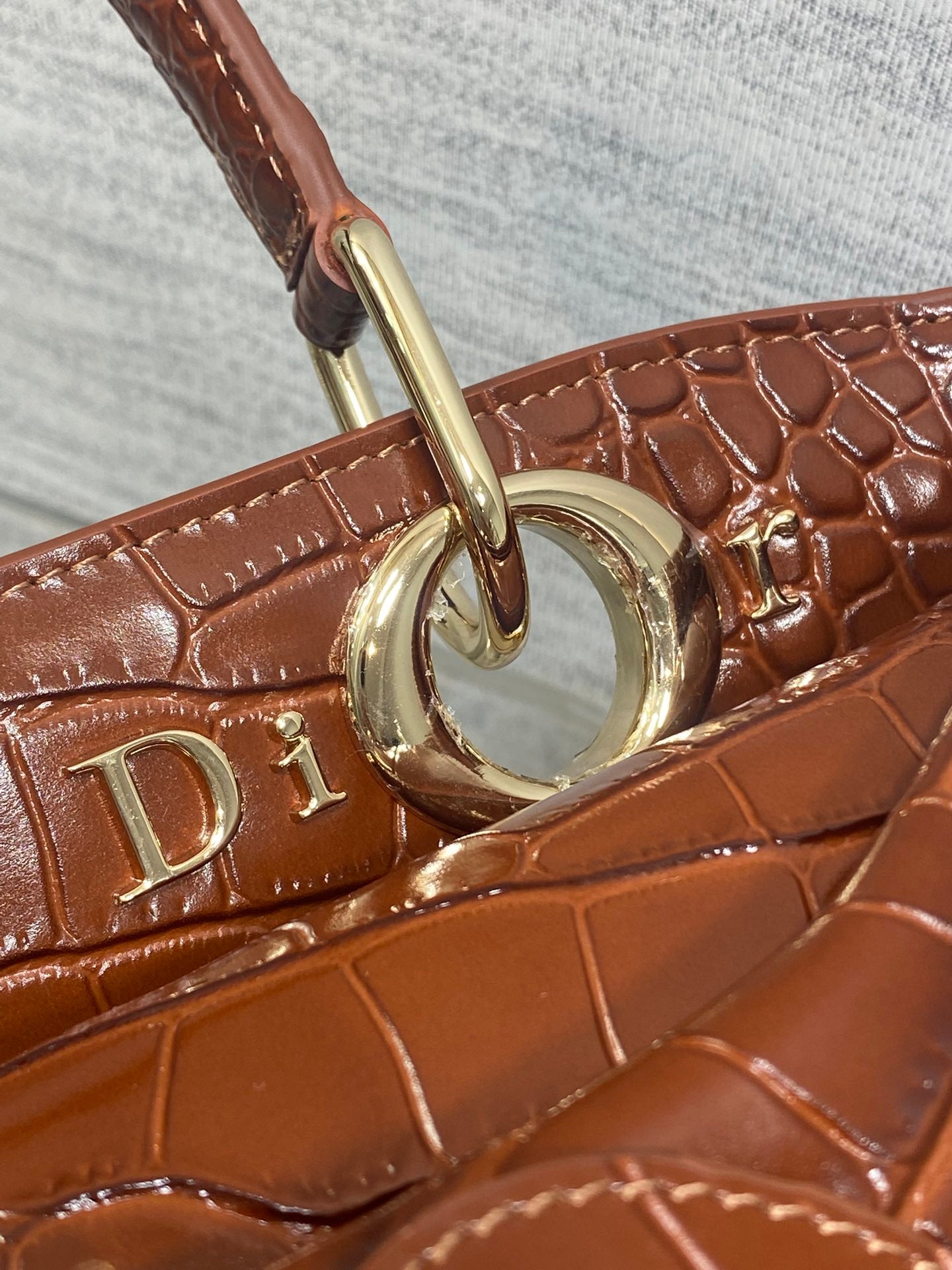 CD 26SS Bow-Adorned Bag Brown Glossy Crocodile Pattern Embossed Calfskin 272523