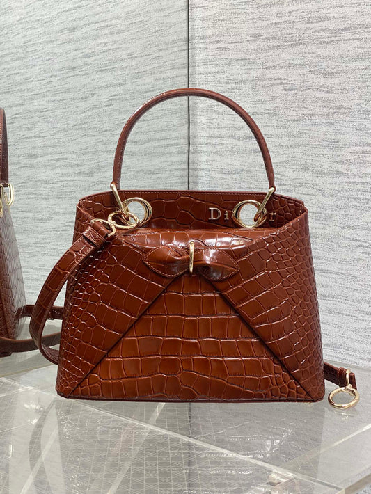 CD 26SS Bow-Adorned Bag Brown Glossy Crocodile Pattern Embossed Calfskin 272523
