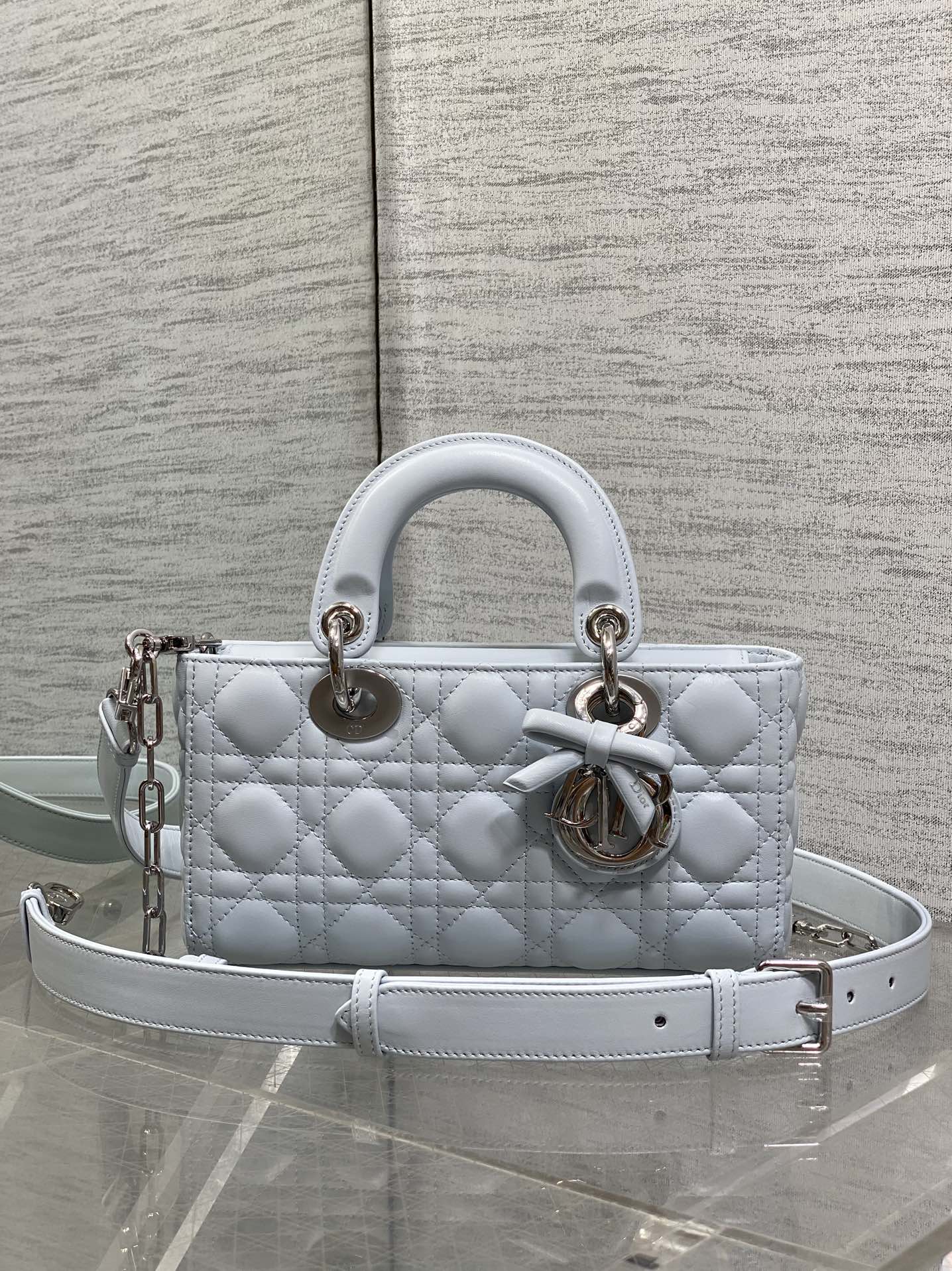 Dior 2026 Bow D-Joy Micro Bag 22cm Glacier Blue Lambskin