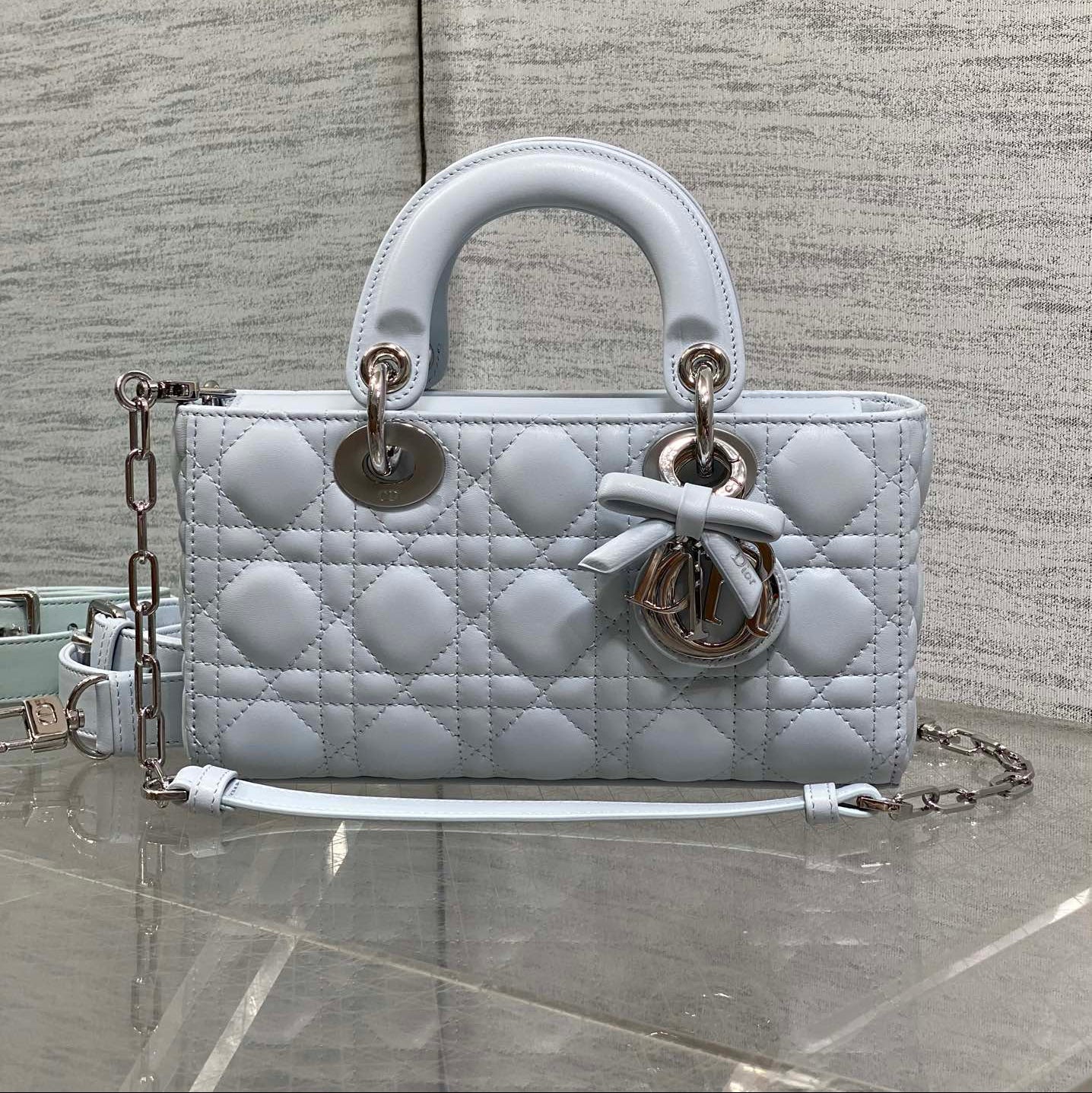 Dior 2026 Bow D-Joy Micro Bag 22cm Glacier Blue Lambskin