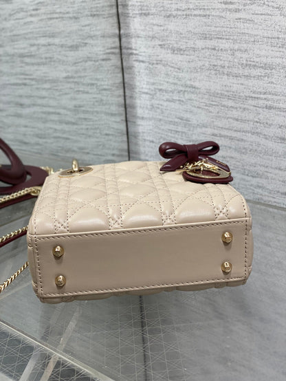 Dior 2026 Mini Lady Dior Bag Beige Burugndy Lambskin 286583