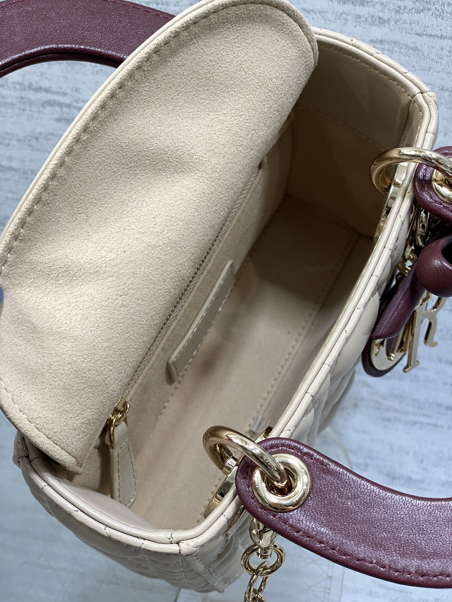 Dior 2026 Mini Lady Dior Bag Beige Burugndy Lambskin 286583