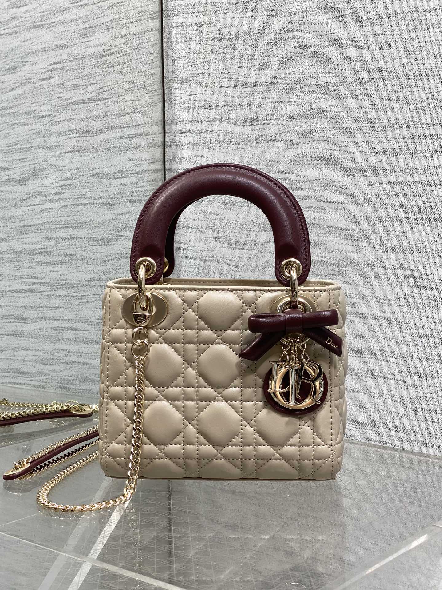 Dior 2026 Mini Lady Dior Bag Beige Burugndy Lambskin 286583