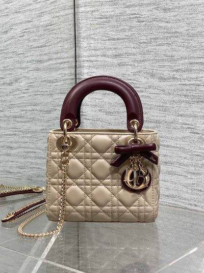 Dior 2026 Mini Lady Dior Bag Beige Burugndy Lambskin 286583
