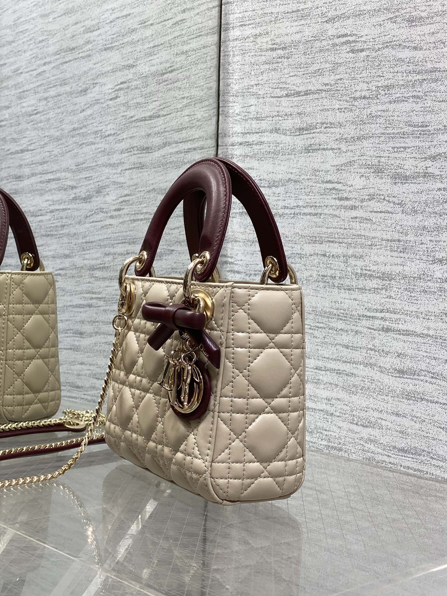 Dior 2026 Mini Lady Dior Bag Beige Burugndy Lambskin 286583