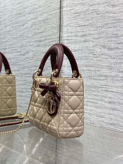 Dior 2026 Mini Lady Dior Bag Beige Burugndy Lambskin 286583