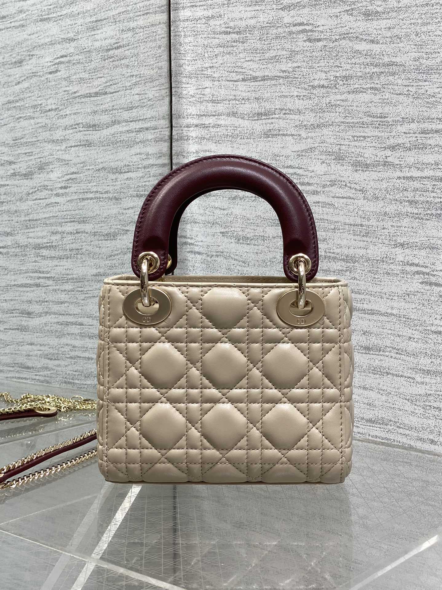 Dior 2026 Mini Lady Dior Bag Beige Burugndy Lambskin 286583