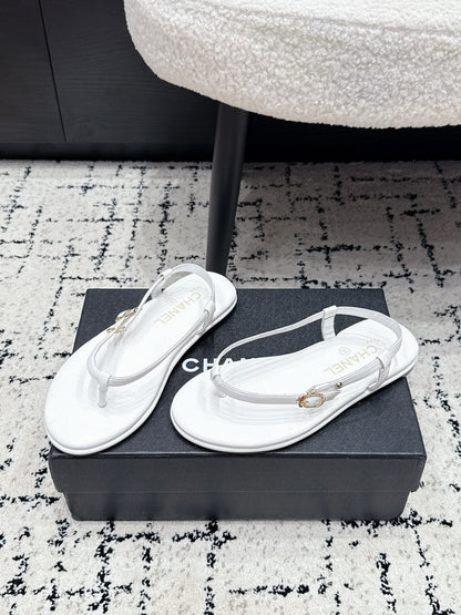 Chanel 26S Thong Sandals In White Calfskin With Gold Hardware