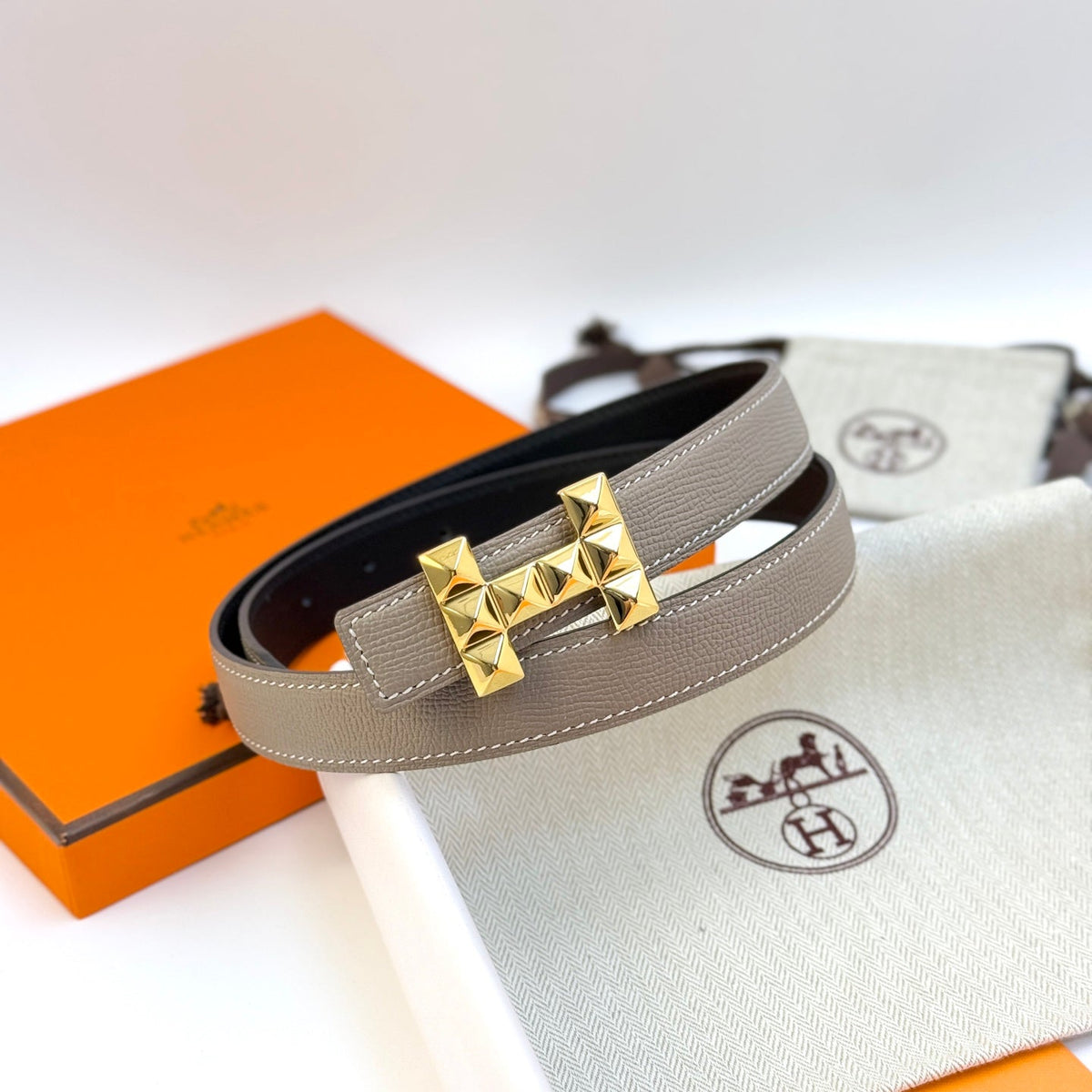 HM Infini Reversible Belt 24mm Gray Epsom Gold Buckle