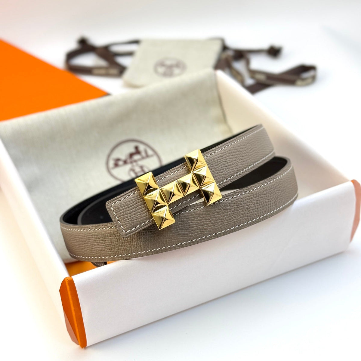 HM Infini Reversible Belt 24mm Gray Epsom Gold Buckle