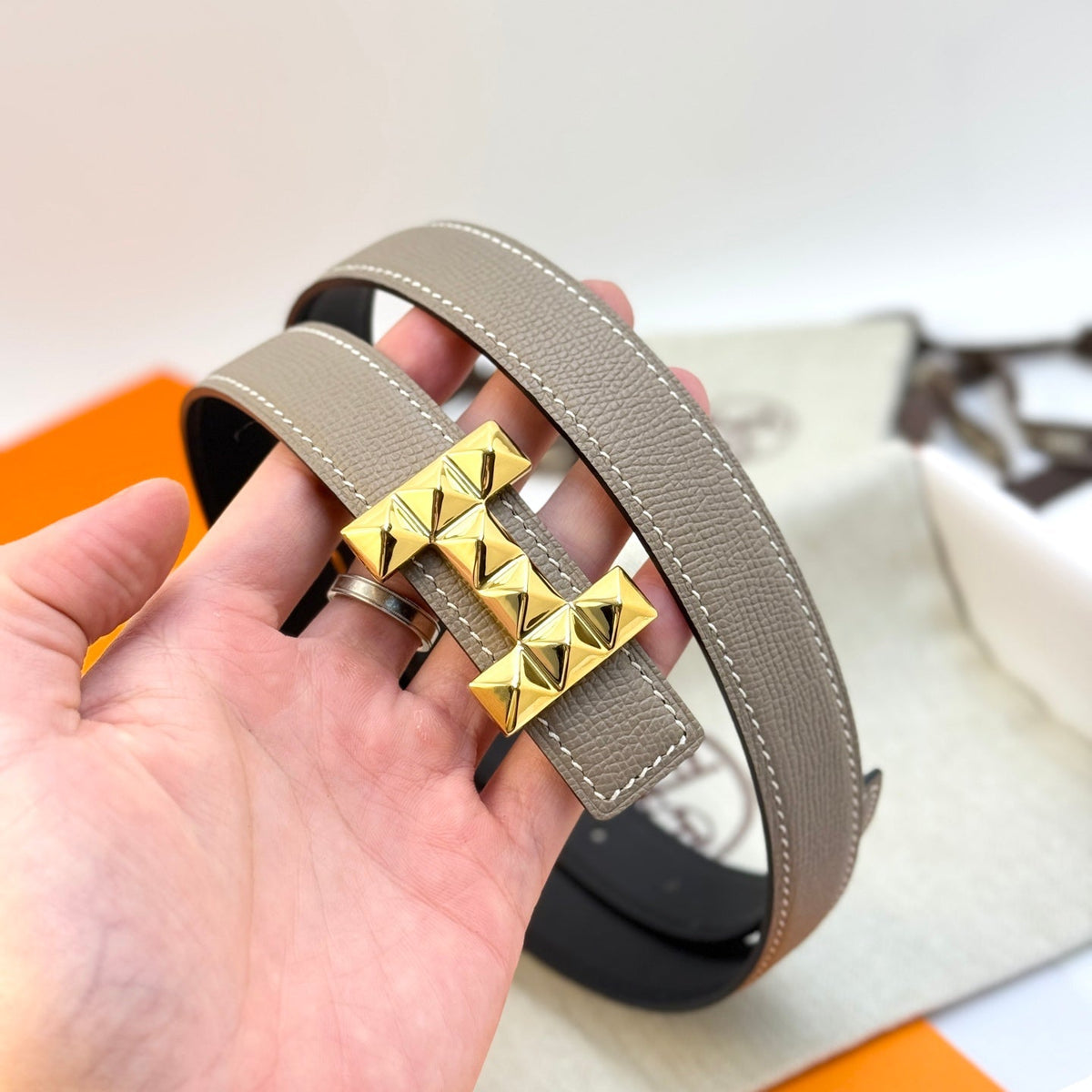 HM Infini Reversible Belt 24mm Gray Epsom Gold Buckle
