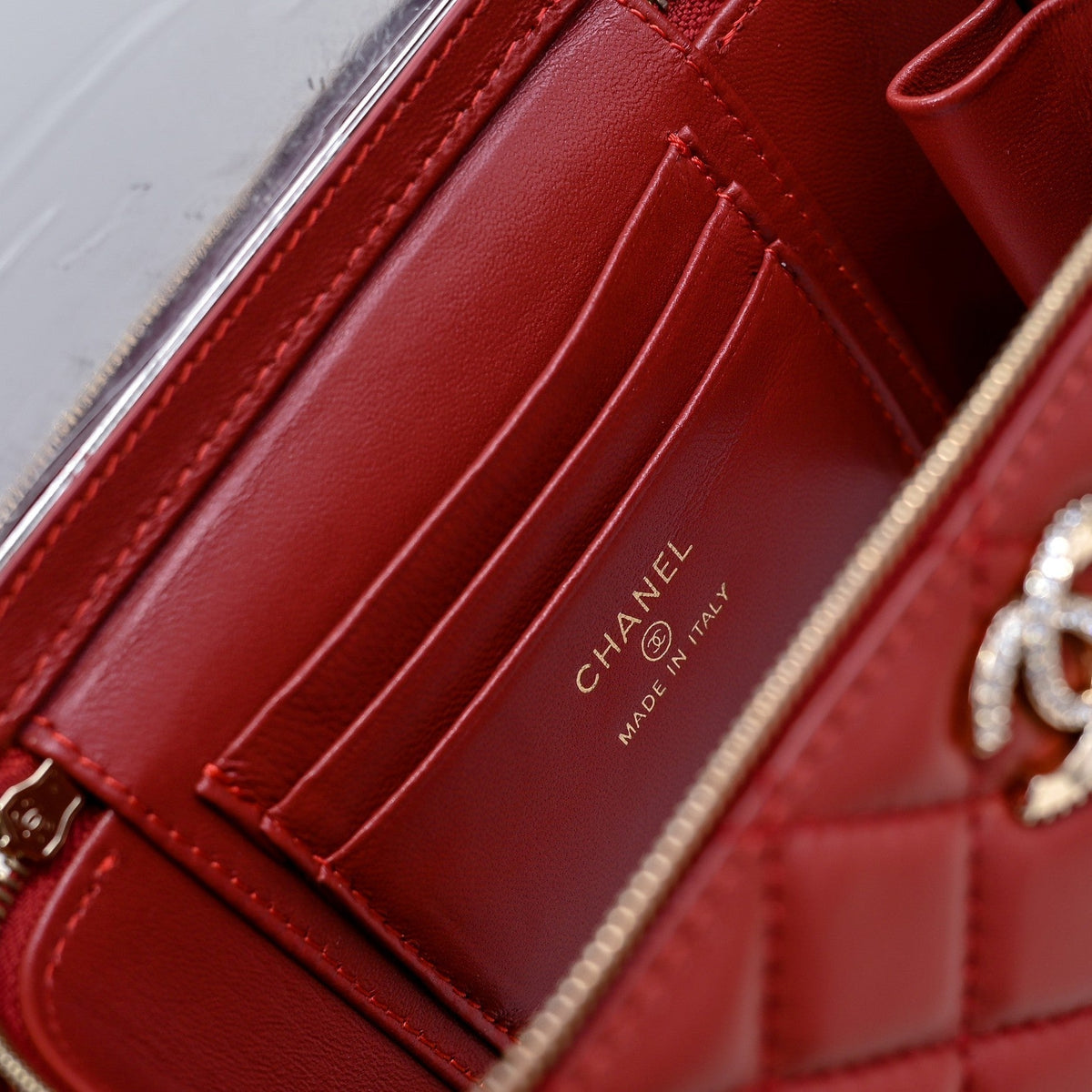 CC 24K Vanity Top Handle 17cm Red Lambskin Silver Hardware