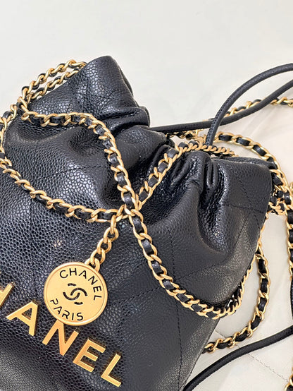 CC 22 Hobo Bag 19cm Black Grained Calfskin Gold Hardware