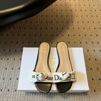 CD 26s J'Adior Slide White Black Embroidered Cotton 820047