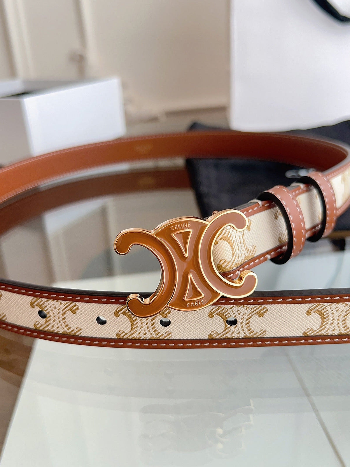 CELINE 26S BELT 25 MM IN BEIGE AND BROWN CALFSKIN 669835