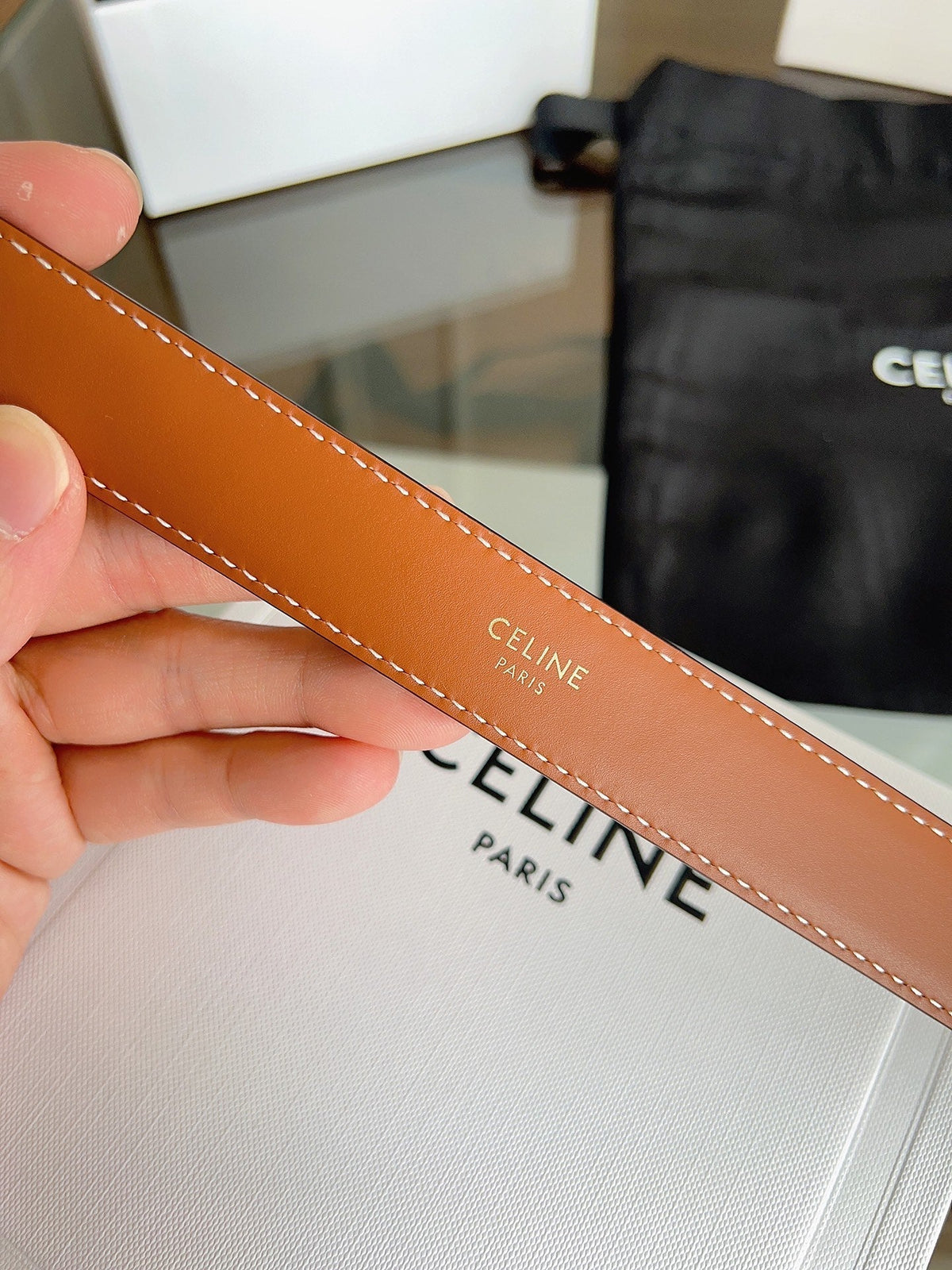 CELINE 26S BELT 25 MM IN BEIGE AND BROWN CALFSKIN 669835