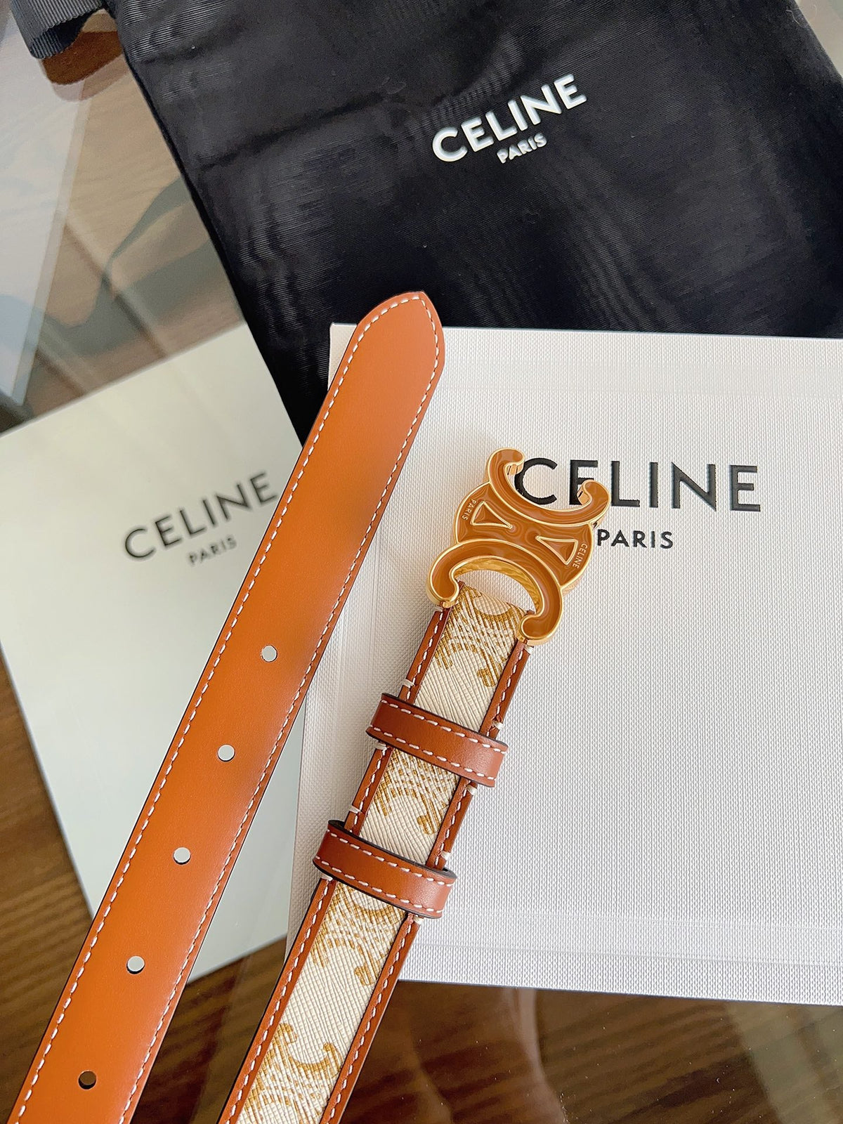 CELINE 26S BELT 25 MM IN BEIGE AND BROWN CALFSKIN 669835