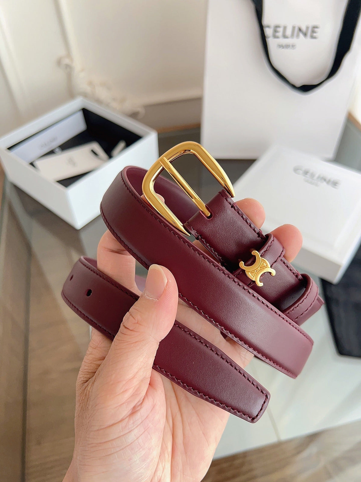 CELINE 26S BELT 25 MM IN DARK RED CALFSKIN 669843