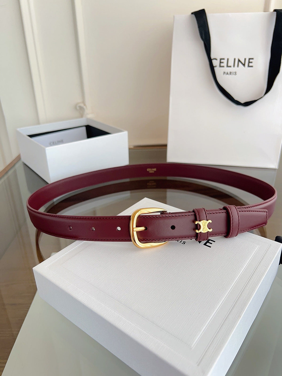 CELINE 26S BELT 25 MM IN DARK RED CALFSKIN 669843