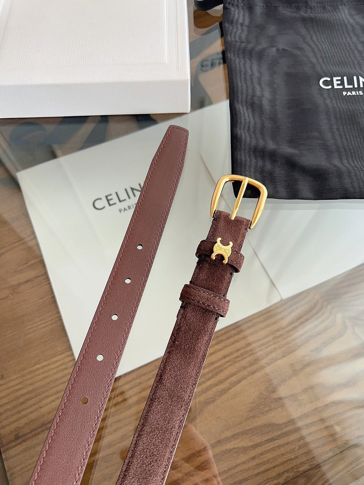 CL Gold 25mm Triomphe Metal Ring Brown Suede 616259