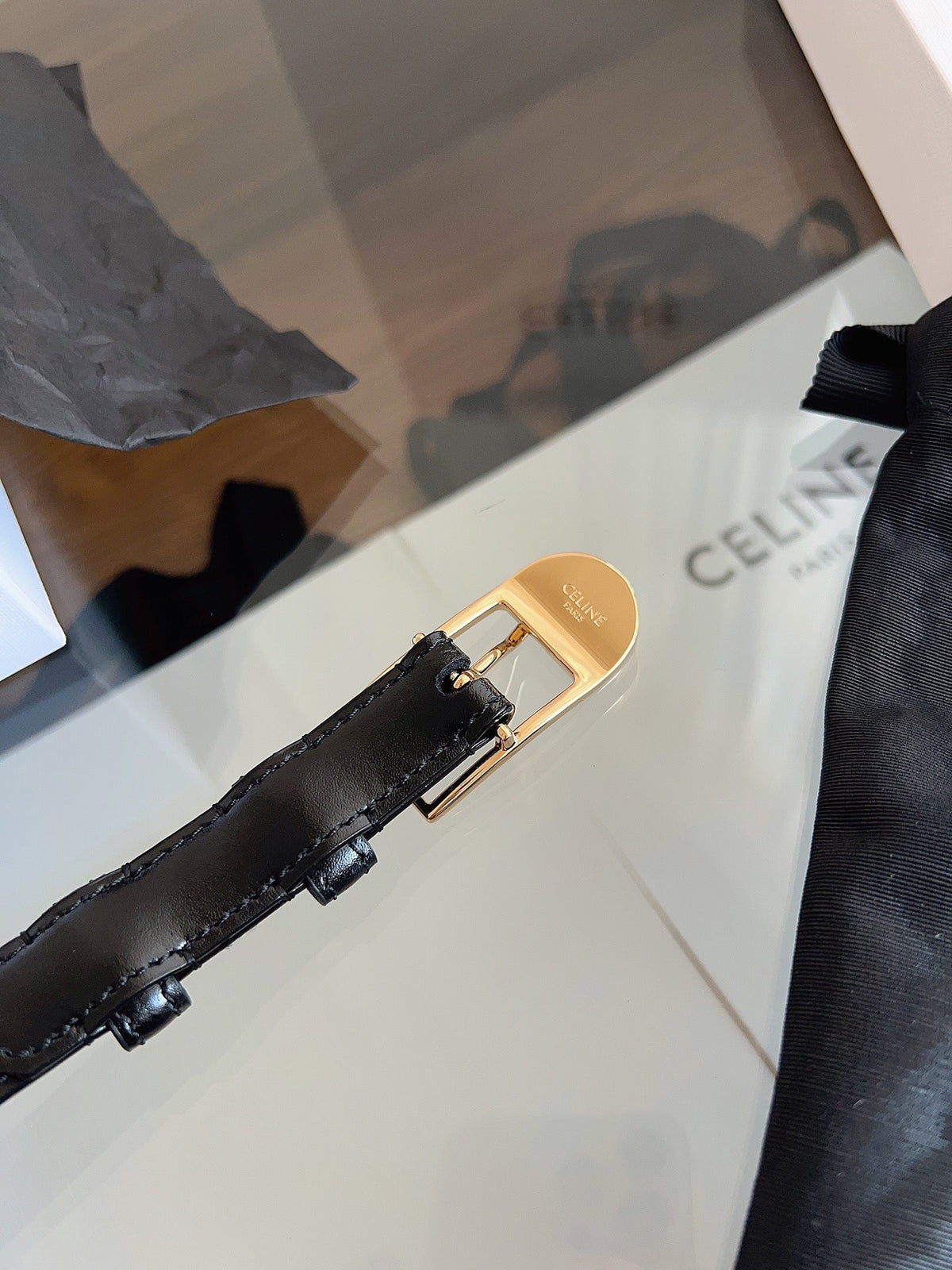 CELINE 26S BELT 18 MM IN BLACK CALFSKIN 658531
