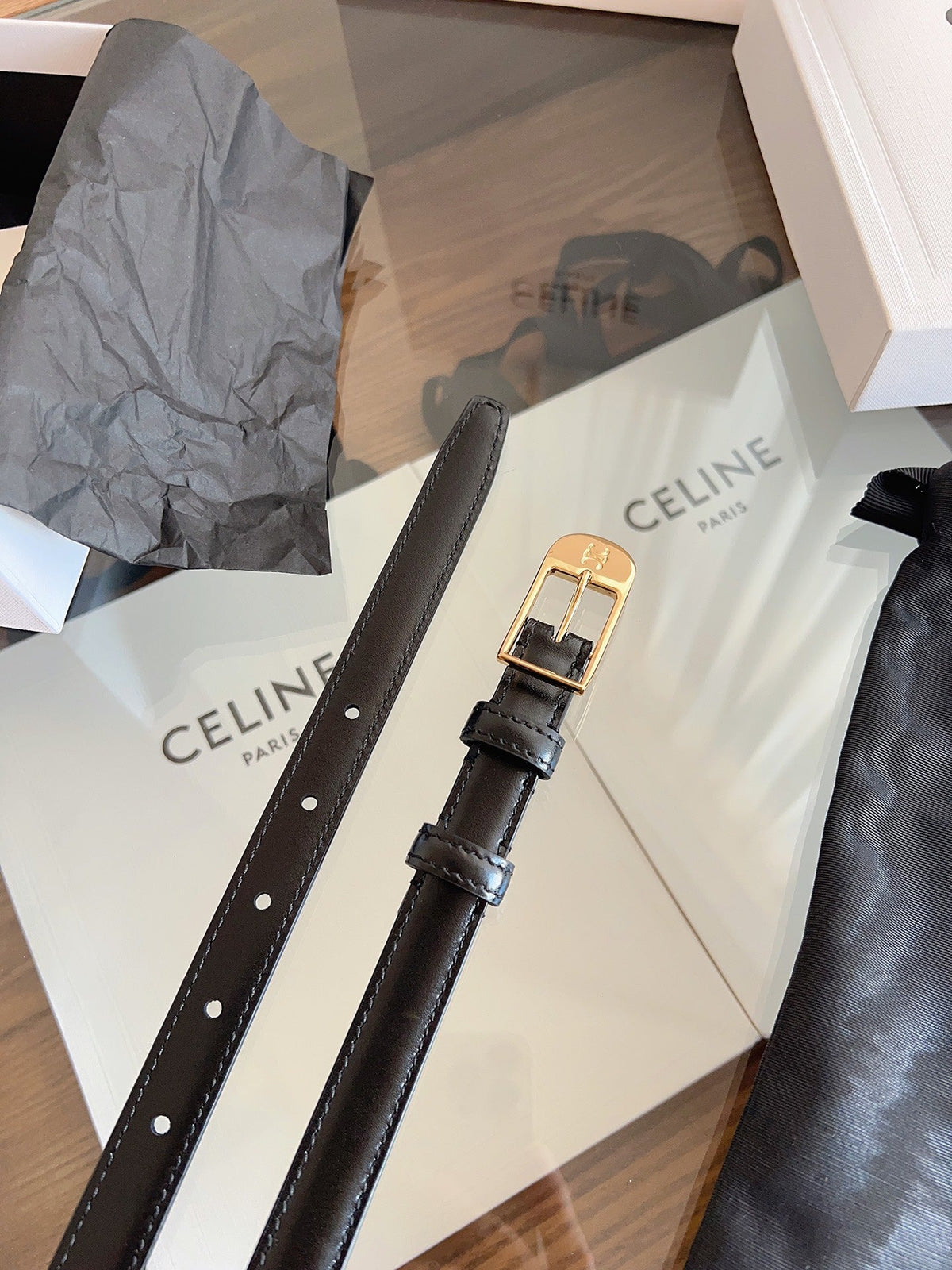CELINE 26S BELT 18 MM IN BLACK CALFSKIN 658531