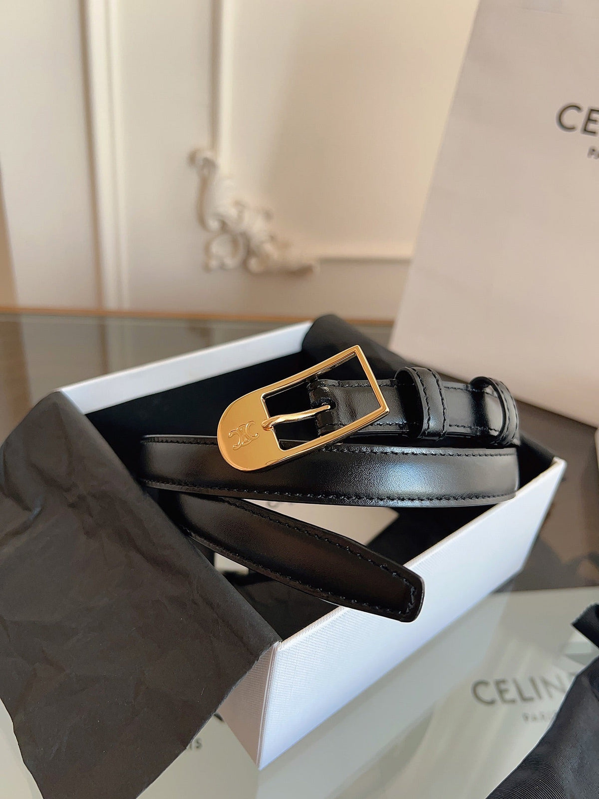 CELINE 26S BELT 18 MM IN BLACK CALFSKIN 658531
