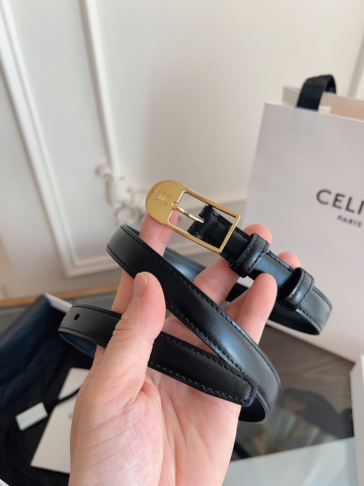 CELINE 26S BELT 18 MM IN BLACK CALFSKIN 658531
