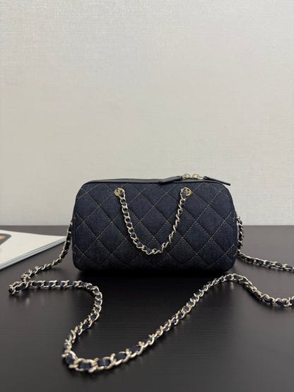 Chanel 2026 Bowling Bag 18.5cm Blue Denim Leather