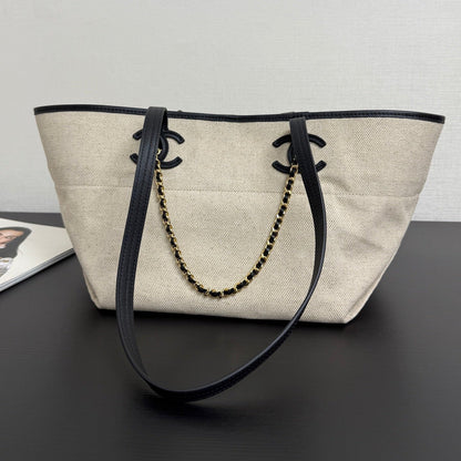 Chanel 2026 Coco Beach Beach Tote Bag 46cm Off-white mix Black Canvas Leather