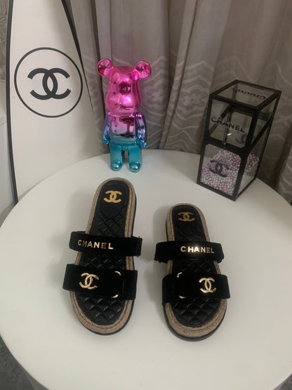 CC 26s Hemp Rope Platform Sandals Black Quited Sheepskin Velvet 862302