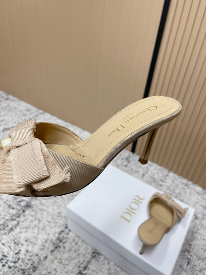 CD 26s High Heel Slippers 75 Beige Canvas Leather 643491