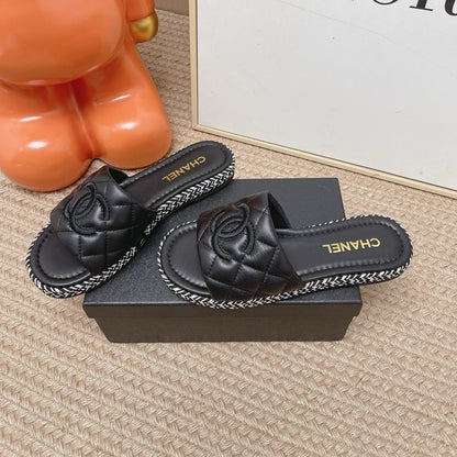 CC 26s Quilted Espadrille Slides Black Leather 950785