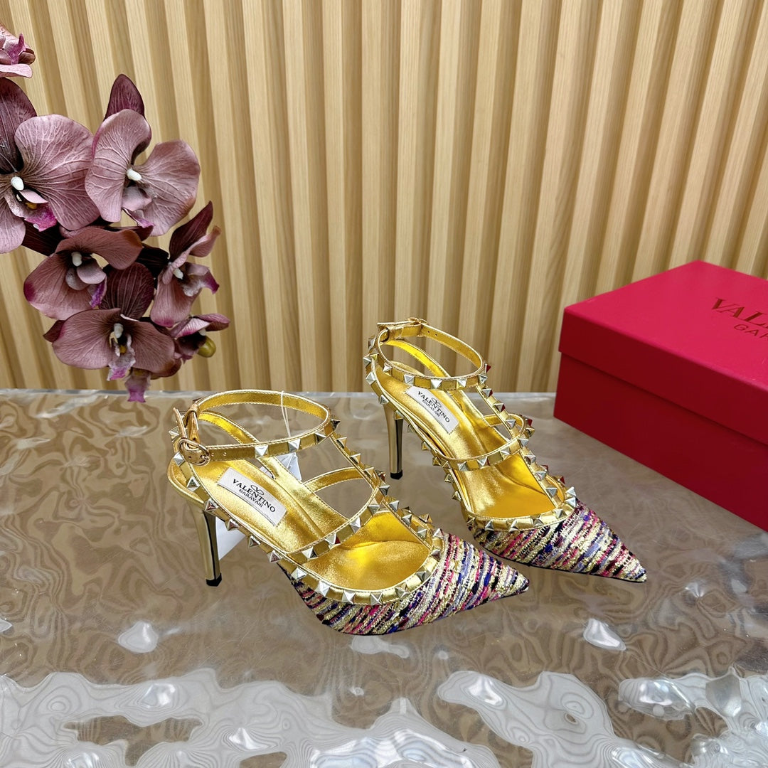 Rockstud Pump In Colorful Mix Gold Pied-de-poule Fabric And Cowhide 95mm 102079