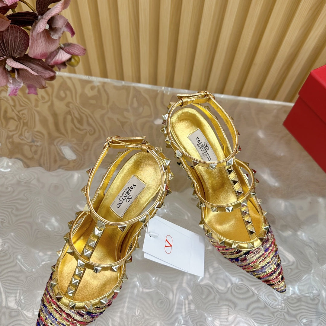 Rockstud Pump In Colorful Mix Gold Pied-de-poule Fabric And Cowhide 95mm 102079
