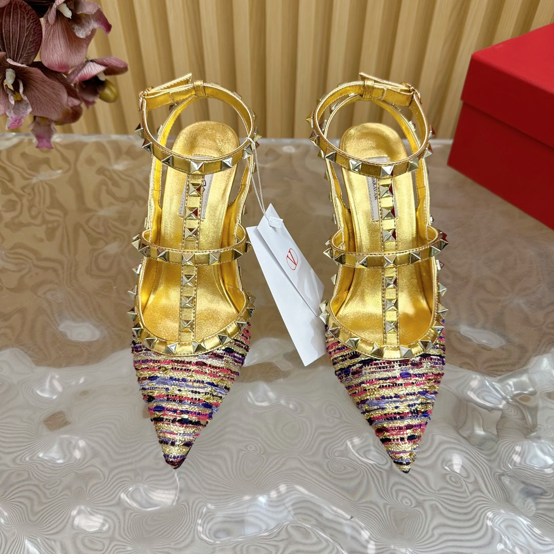 Rockstud Pump In Colorful Mix Gold Pied-de-poule Fabric And Cowhide 95mm 102079
