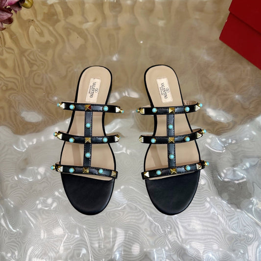 Rockstud Leather Caged Mule Sandals 10mm Black Sheepskin 307859