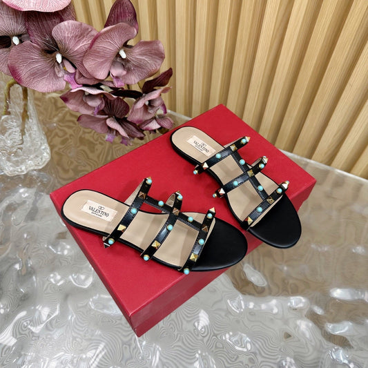 Rockstud Leather Caged Mule Sandals 10mm Black Sheepskin 307859