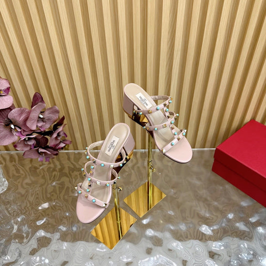 Rockstud Leather Caged Mule Sandals 60mm Pale Pink Sheepskin 307861