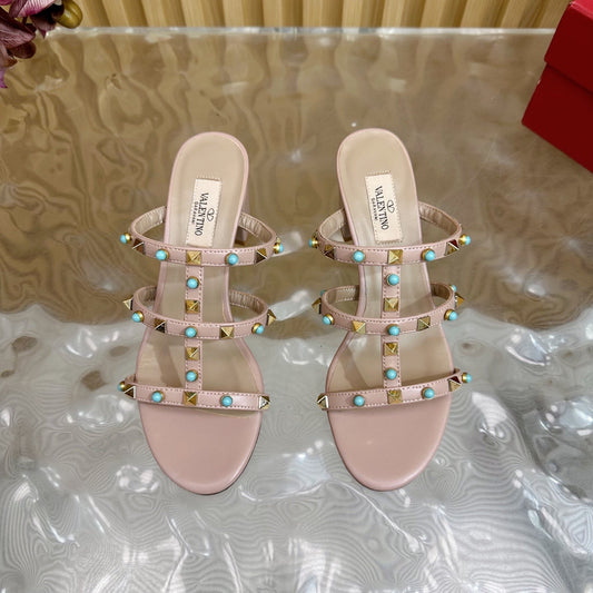 Rockstud Leather Caged Mule Sandals 60mm Pale Pink Sheepskin 307861