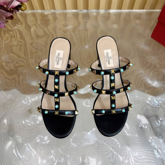 Rockstud Leather Caged Mule Sandals 60mm Black Sheepskin 307862