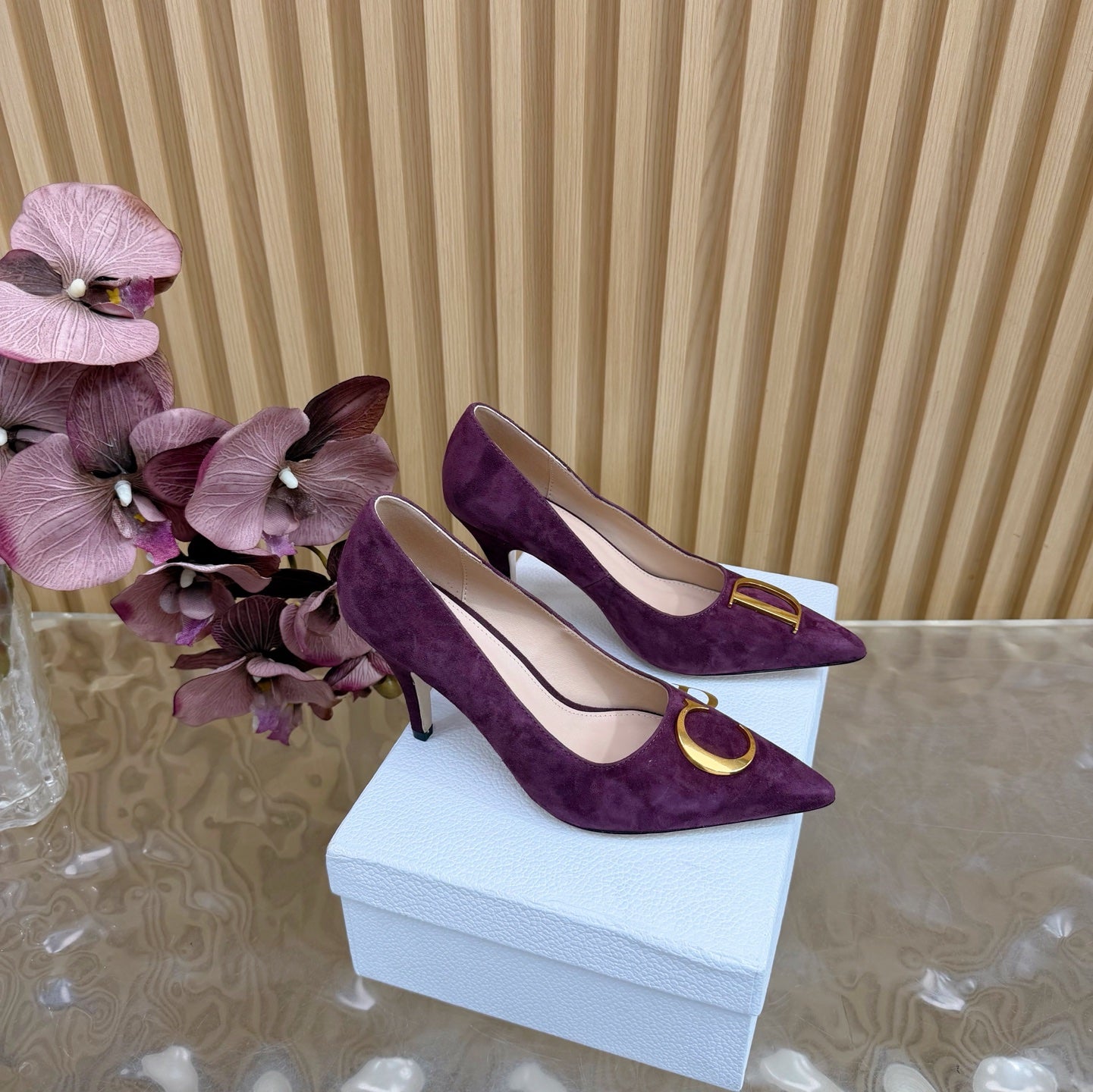 CD Buckle High-Heeled Elegant Shoes 85mm Burgundy Suede 537716